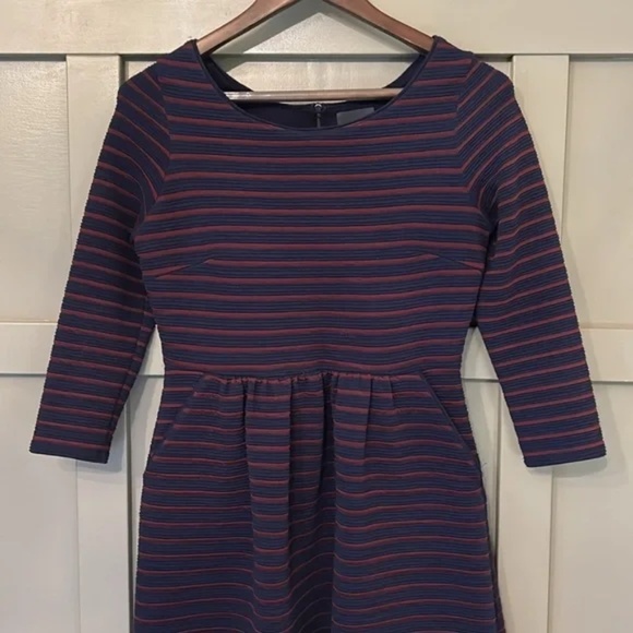 Anthropologie Maeve Brenna Dress Fit & Flare Navy Red Stripes Pockets Size 4 - Picture 7 of 12